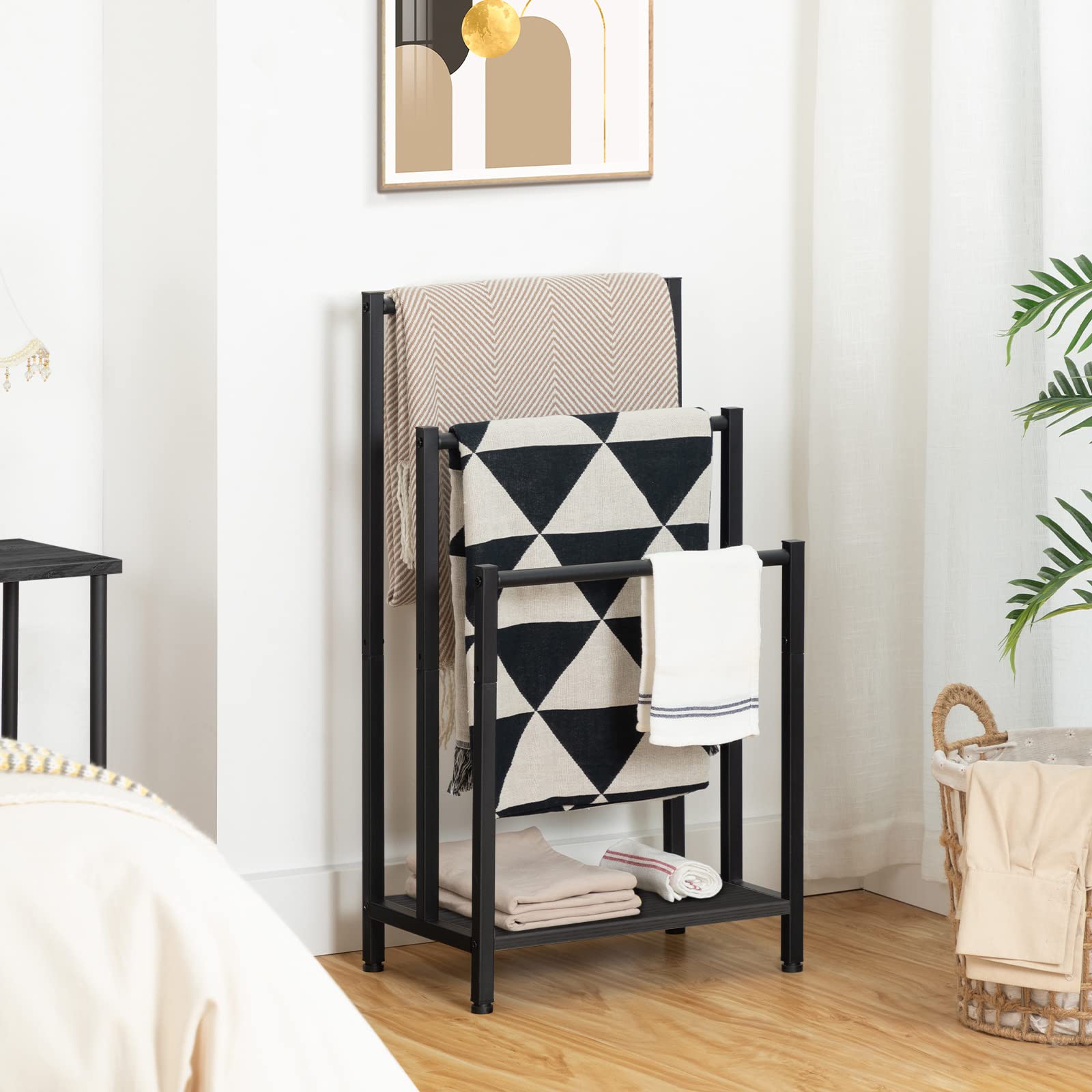 Hoobro Free Standing Towel Rack, 3 Tier Blanket Rack, Blanket Holder For Bathroom, 16.9'' L X 11'' W X 31.9'' H, Industrial Meta